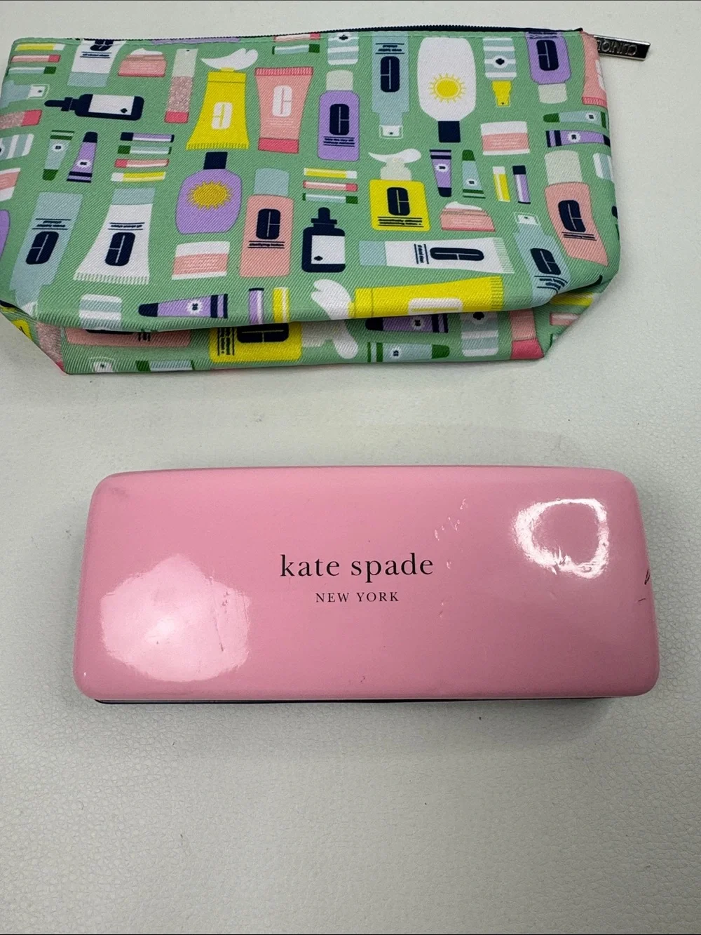 kate spade Green Printed Cosmetic Pouch & Pink Kate Spade Sunglasses Case set